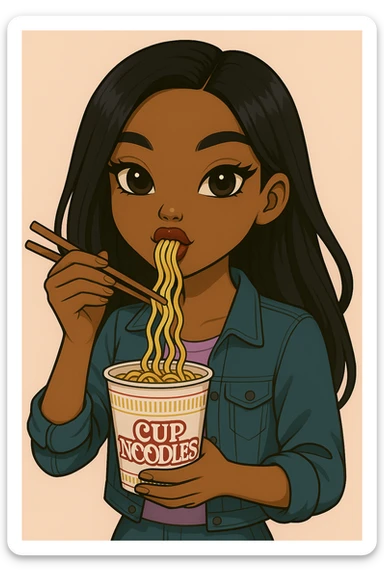 Remove any winking, keep both eyes open, eating a cup of noodles with chopsticks, headshot only, 20-year-old anime Bratz style woman with dark skin, straight hair, trendy outfit, big expressive eyes, glossy lips, no hat, no tears, happy expression, looking straight ahead. Maintain the anime Bratz style and the described features. sticker