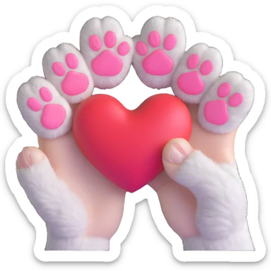 cat paw making Korean finger heart gesture, two paw fingers forming small heart shape, soft fur texture, warm lighting, kawaii aesthetic, minimal clean composition sticker