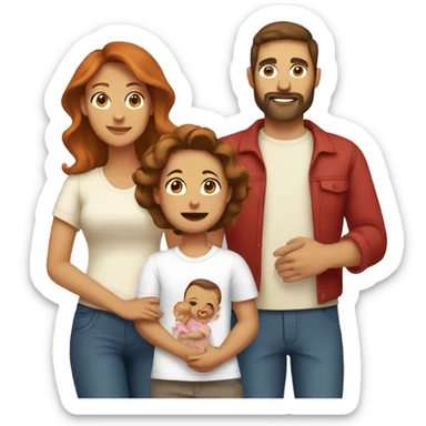 traditional family with a father with brown eyes, brown hair and beard, mother wearing t-shirt and pants, and red long hair, and one baby on her arms sticker