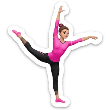 A female gymnast with brown hair in a neat bun, wearing black leggings and a T-shirt with neon pink elements, performing an acrobatic move. sticker