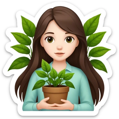 beautiful pale brunette girl with long hair holding plants  sticker