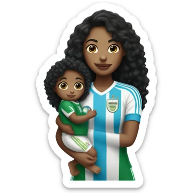 Girl with long black curly hair wearing a half Argentina half Nigerian jersey holding a baby  sticker