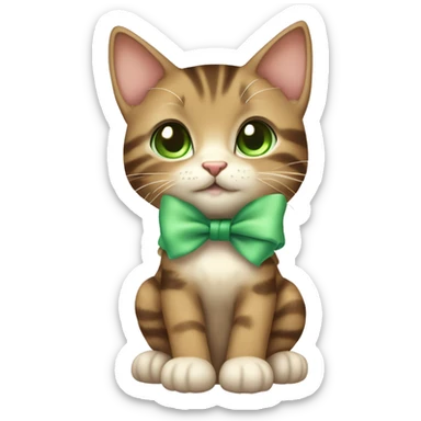 extremely cute kawaii brown tabby girl kitten with green eyes and pastel green bow full body sticker