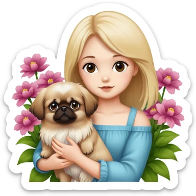 A girl is holding a Pekingese in the flowers sticker