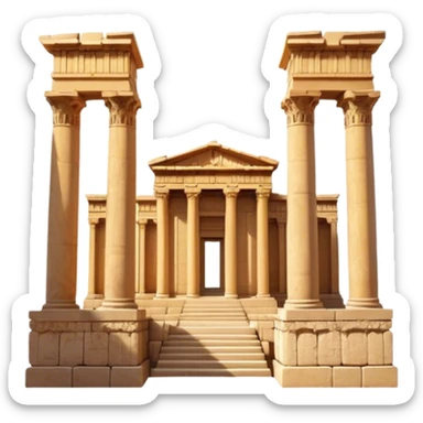 Baalbek temple – Cinematic Realistic Baalbek Temple, depicted as an ancient Roman temple complex with towering columns and intricately carved stone details, bathed in golden sunlight and dramatic shadows that evoke timeless historical grandeur. sticker