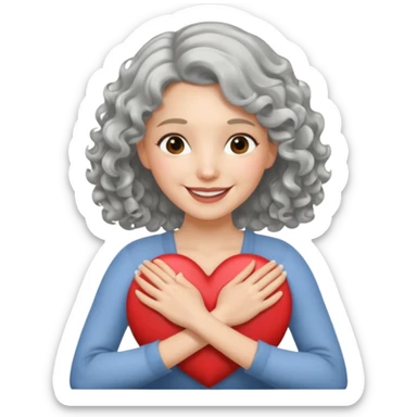 Silver hair, wavy/curly hair chin-length lady giving hug with 2 arms,  v-neck and smiling, add a heart sticker