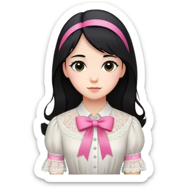  A girl with straight hair, a pink ribbon in her hair, and a white lace blouse, standing in a blooming garden. sticker