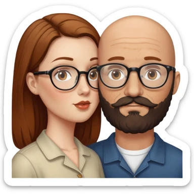 Couple. Bald man with dark brown-black beard. White woman with many small, faded freckles, she has white skin and she has auburn-brown-cinnamon, dark long hair. She has light brown eyes. The man have hazel eyes and glasses. She have light eyes. Retro style. She kisses him. sticker