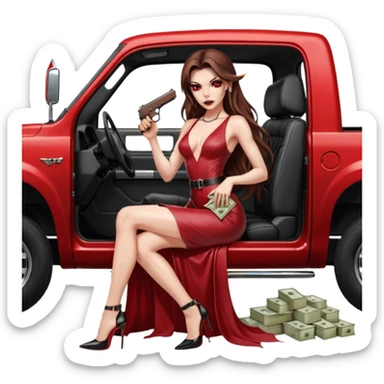 Lilith symbol red eye seductress evil long brown haired sexy succubus woman with leather long dress with slit on, sitting in Big Large F350 pickup truck. Platform long high heels on feet. Back seat full of stacks of cash, she is  Holding a man dead human skull of her enemies and a gun in other hand sticker