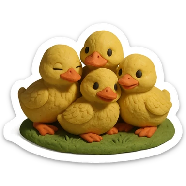 ducklings huddled together on grass, cozy and cheerful, detailed feathers, claymation style sticker
