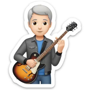 a short grey hair, middle age metal head with a classic epiphone eletric guitar sticker