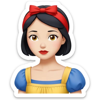 Snow White from hips up, blue top with yellow skirt, short black hair with red headband, minimal style but clearly recognizable sticker