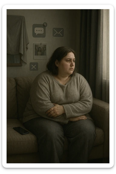Donna tra i 30 e i 40 anni seduta sola su un divano, con espressione malinconica e corpo visibilmente appesantito. Indossa abiti larghi, avvolgenti, e guarda fuori dalla finestra mentre il telefono è spento o con notifiche ignorate accanto a lei. Sullo sfondo, si notano segnali di vita sociale assente: messaggi non letti, inviti ignorati, foto di gruppo a cui non partecipa. L’atmosfera è silenziosa, con luce grigia e ambiente spento. Intorno a lei, simboli di ritiro e insicurezza: tende chiuse, specchio coperto, postura chiusa. Stile realistico, tono delicato ed emotivo sticker