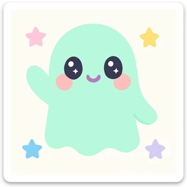 a cute ghost with blushing cheeks, waving, pastel colors, minimal background sticker