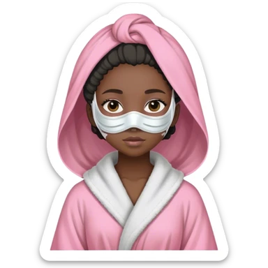 Black girl with pink robe on wearing white mud mask and 4a hair sticker