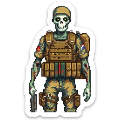 A zombie undead soldier, he has a bdu camouflaged uniform with a tan plate carrier, undead, leaned over posture, zombie, partially skeleton sticker