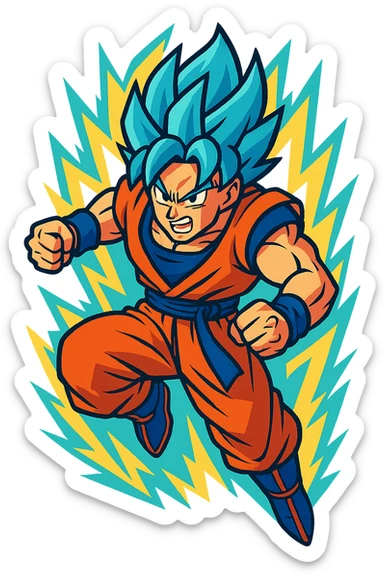 Super Saiyan Goku with blue hair, glowing aura, action pose sticker