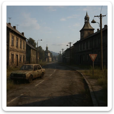 a view of the city street in a videogame: DayZ - in the town of berezino [no text contained in the image] sticker