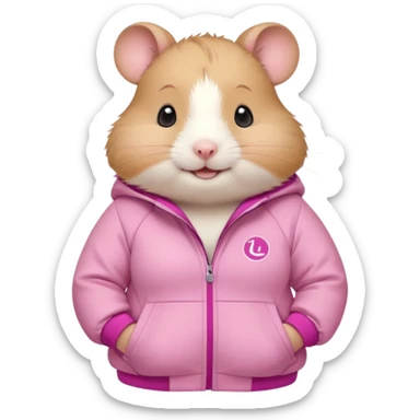 Cute chubby cartoon-style hamster wearing the lululemon pink define jacket, proud and smiling expression. Painterly shading, white background, sticker-style illustration sticker