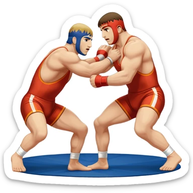 An icon symbolizing Greco-Roman wrestling, showing two wrestlers locked in a powerful grip, focusing on upper-body techniques. The background features a wrestling mat, with the athletes wearing traditional singlets. Transparent background highlights the strength and skill of the sport. sticker