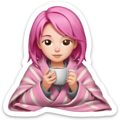girl inside a blanket sipping coffee eyes closed pink hair sticker