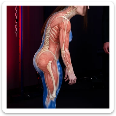 Overlay transparent muscles and bones on the photo of the girl, focusing on the abdomen and back. Use a clear medical illustrative style with a clear overlay effect. sticker