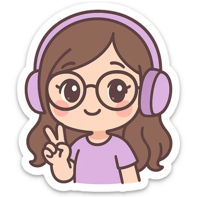 female brunette with glasses and a purple gaming headset, chibi style, making a peace sign sticker