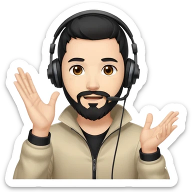 Anime style man with black hair, brown eyes, and black beard wearing gaming headset and applauding, anime art style sticker