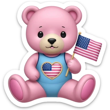 osito de peluche cafe claro con ropita rosa claro y estapado de la bandera de usa y otro con una liga de pilates en la cabeza y con ropa deportiva sticker