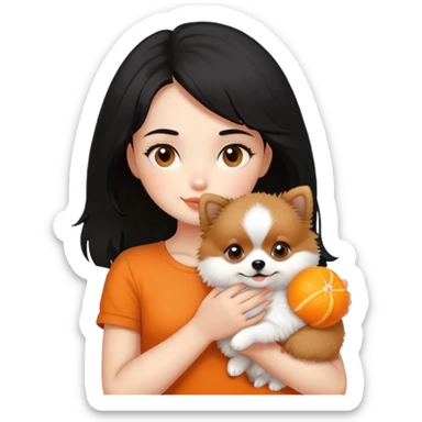 A black haired girl with holding a pomeranian puppy sticker