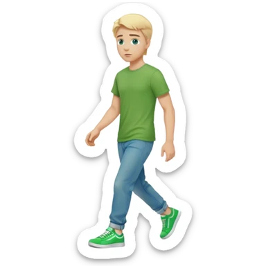 A cinematic realistic blond man with blue eyes, dressed in wide jeans, a green T-shirt and sneakers, is walking sticker