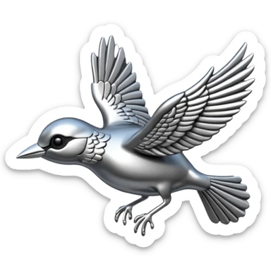 A cast metal pin depicting a silver wren in flight sticker