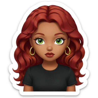 a pretty fair bratz girl with wavy dark red hair, wearing a black tee. eyeliner on, forest green eyes. Waist up sticker