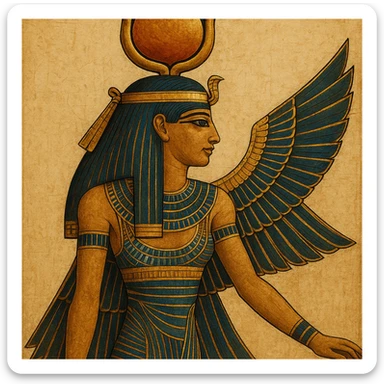 Egyptian goddess Isis with iconic headdress, ancient Egyptian style, gold and blue accents, elegant and mystical sticker