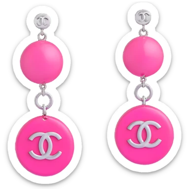 Remove any pearl elements, keep as glossy pink 3D emoji-style drop earrings with a small silver Chanel logo charm, elegant, with no background. sticker