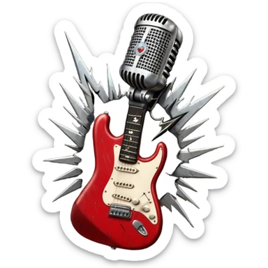 Create a powerful and dynamic humanless emoji representing rock vocals. The design should feature a classic vintage microphone with a rugged, distressed look, surrounded by elements like a guitar pick, electric guitar neck, and sound waves to reflect the raw energy of rock music. Add subtle details such as a spiked bracelet, leather textures, or bold lightning bolts to evoke the rebellious and intense spirit of rock. Use dark, edgy colors like black, red, silver, and metallic accents to emphasize the fierce, loud, and passionate nature of rock vocals. The background should be transparent. sticker