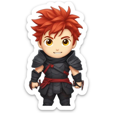 Anime boy with Red hair, ninja outfit, with cheeky grin and pointy fluffy hair with a sword in a defense stance, alone sticker