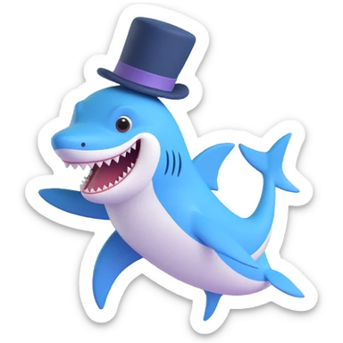 cute blue shark in a top hat waving a fin cheerful expression sticker