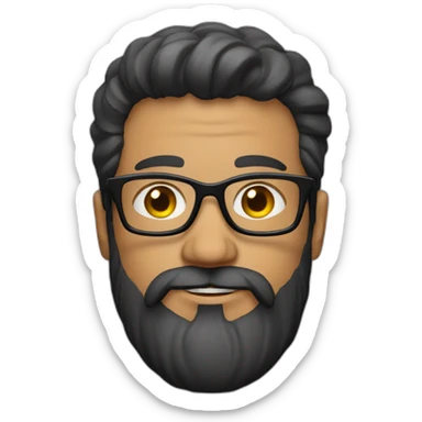 White man with a sun kissed tan. His hair is black, styled sideways backwards. He has a beard and mustache trimmed. Wears s black t-shirt and grey glasses sticker