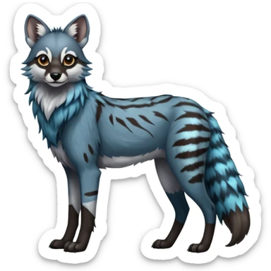Realistic edgy bluish greyish blackish whitish silvery coppery Shiny Colorful Dusky Dark Gloomy Glossy Maned-Wolf-Genet-Lion-Bobcat-fusion-animal-hybrid-creature, full body, tufted ears, long thin tufted tail sticker