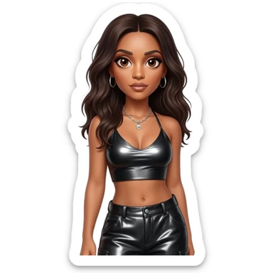Aaliyah with brown eyes, long dark brown hair, black metallic halter crop top, black metallic baggy pants, silver necklace sticker