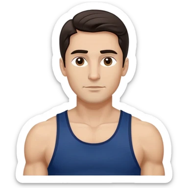 Fit man in his early 40s with light brown complexion. Elongated face with strong jawline. Attractive features with medium dark eyes and arched eyebrows. Straight nose. Confident expression. Medium-length wavy dark hair styled modernly. Wearing a dark blue athletic tank top. sticker
