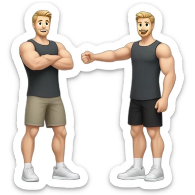 Full height Actively gesturing with hands Pale skinned Fit Man With the biceps and light brown hair with Bristle in dark gray Sleeveless Mike, black oversize sports shorts and white Sneakers sticker