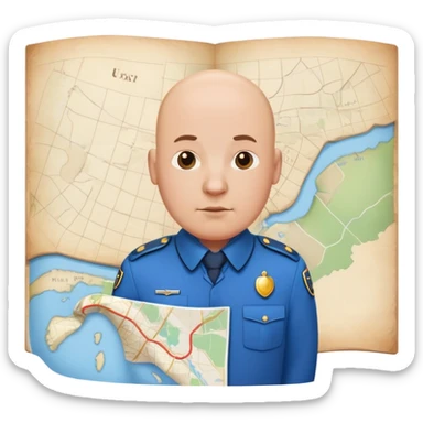 bald a bit fat man in a blue uniform stand before a map sticker