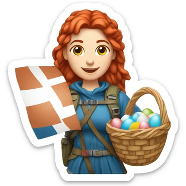 Greek Female winter mountaineer red hair white skin climbing with Greek Flag and Easter eggs basket sticker