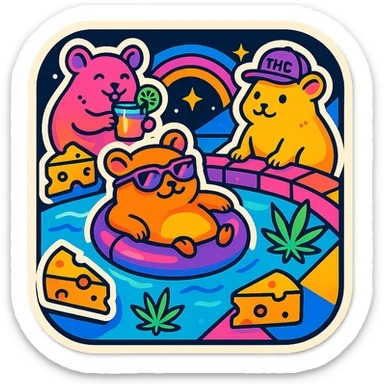 square Discord server icon, retro 80s/90s nostalgia style, hamsters at a pool party with weed leaves, cheese, THC details, neon colors, geometric shapes, playful bold outlines, centered clear fun composition sticker