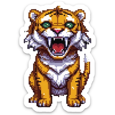 saber-toothed tiger with extremely small body and enormously exaggerated fangs, tiny creature with giant teeth that are much bigger than its whole body sticker