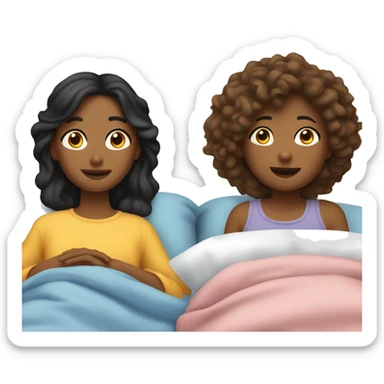 2 friends laying in bed while their friend stands next to them sticker