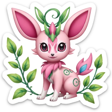Rosy floral romantic cute Sylveon-Celebi-Leafeon-Pokémon-Digimon-Fakémon-hybrid-fusion-creature with vines entangled around sticker