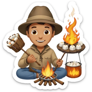 A man roasting marshmallows over the campfire with a warm grin. sticker